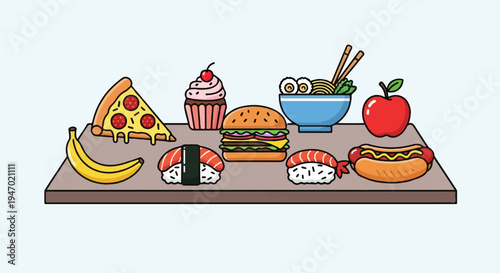 A cartoon illustration of a variety of popular fast foods and a fruit
