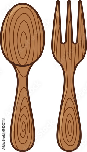 A cartoon illustration of a wooden spoon and fork