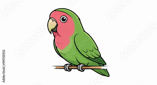 A cute cartoon bird with pink cheeks and green body sits on a perch