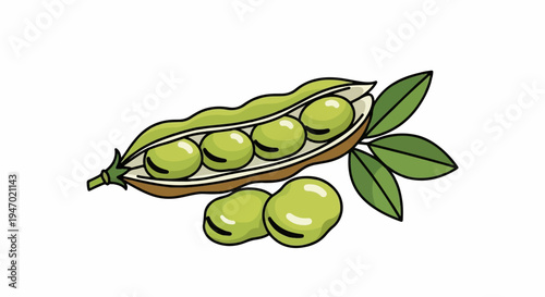 A cartoon illustration of an open pea pod with five green peas inside, plus two loose peas and leaves