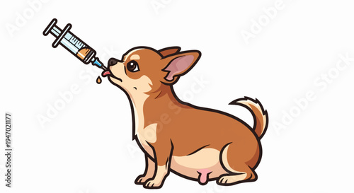 A cute cartoon chihuahua dog is being given a liquid medicine via a syringe