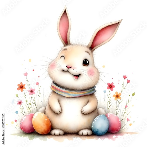 Cute cartoon Easter bunny standing in a colorful spring landscape. Happy rabbit with decorated Easter eggs and bright sunshine.