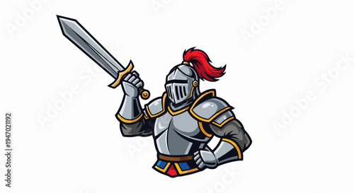 A cartoon knight in armor holds a sword aloft, ready for battle