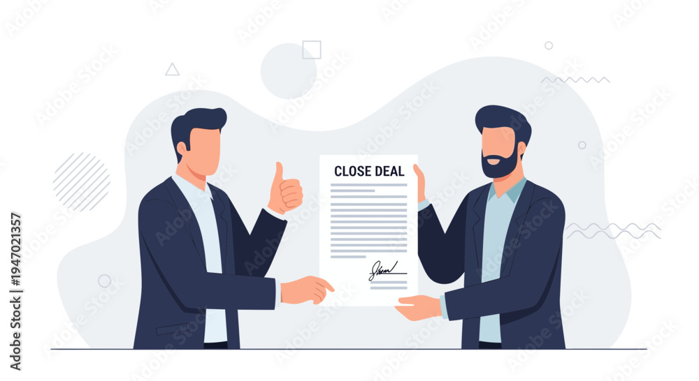 Fototapeta premium Businessmen closing a deal with a signed contract and thumbs up gesture