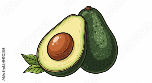 A halved avocado with a large brown pit sits next to a whole green avocado