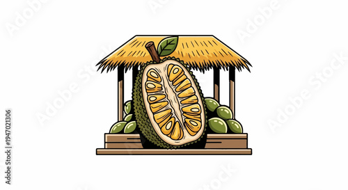 A half-cut jackfruit with many small, green fruits sits under a thatched roof structure