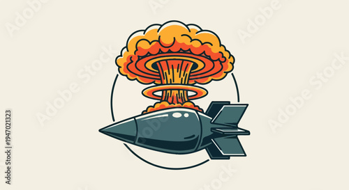A dark missile with fins is depicted mid-flight, with a mushroom cloud explosion forming behind it within a circular frame