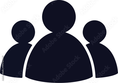 A dark blue silhouette of three figures, one central and two flanking, with rounded shapes