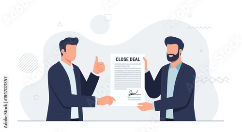 Businessmen closing a deal with a signed contract and thumbs up gesture