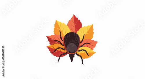 A dark, oval tick with eight legs sits atop a fan of colorful fall leaves in shades of red, orange, and yellow