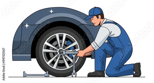 Mechanic changing car tire.