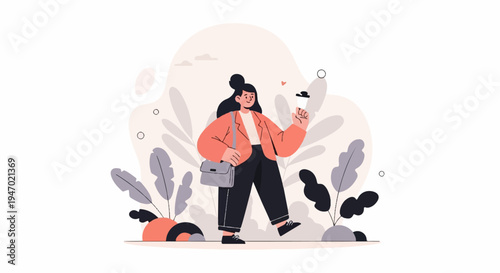 A person with a bag and coffee walks through a minimalist botanical scene