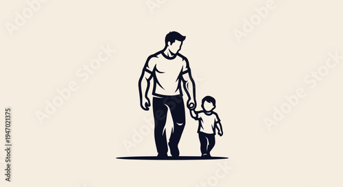 A dark silhouette of a father and child walking hand-in-hand on a light beige background