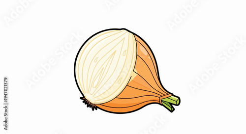 A halved yellow onion with visible layers and green sprouts, isolated on white