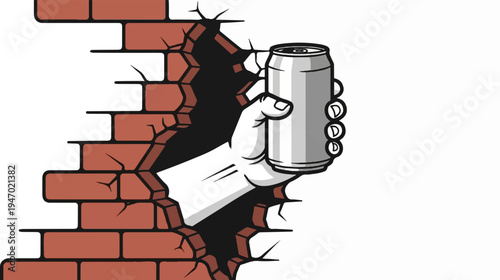 A hand breaks through a cracked brick wall, holding a silver beverage can