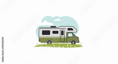 A cartoon RV sits in a grassy field with a few flowers under a cloudy sky