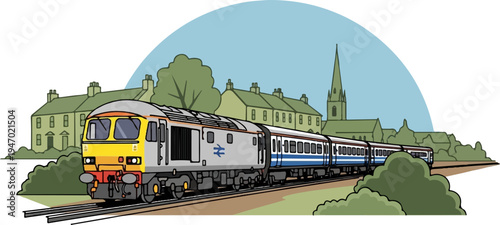 A cartoon train with passenger cars travels past houses and a church