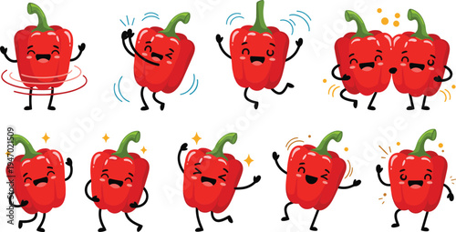 Cute red bell pepper characters with different emotions dancing happy cartoon vegetable mascots vector illustration set