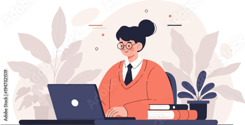 A person with glasses and dark hair tied up sits at a desk with a laptop, surrounded by plants