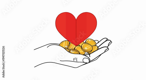 A hand holds a pile of gold coins under a red heart