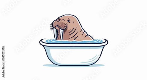 A cartoon walrus with tusks sits in a white bathtub filled with blue water