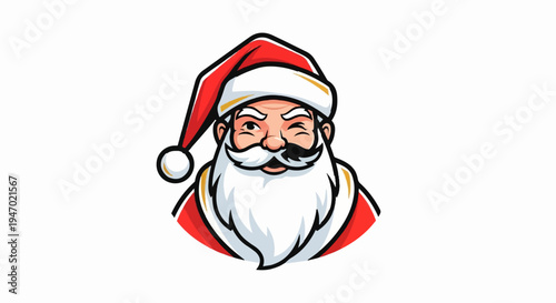 A cartoonish illustration of Santa Claus winking and wearing his iconic red hat and white beard