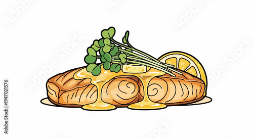 A delicious, golden-brown fish fillet drizzled with butter-rich sauce, adorned with fresh sprouts and a bright lemon slice