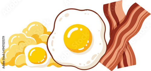 A delicious breakfast feast featuring crispy bacon strips and golden fried eggs nestled on fluffy scrambled eggs