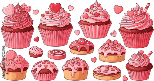 A delightful collection of pink frosted cupcakes adorned with heart-shaped sprinkles and other sweet embellishments