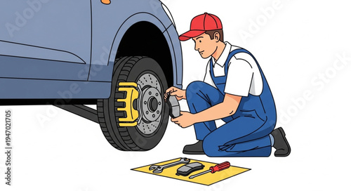 Mechanic changing car tire.