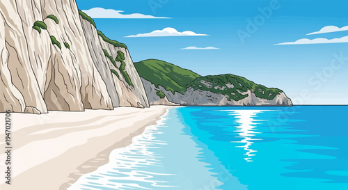 A picturesque beach scene with white sand, turquoise waters, and lush green cliffs under a clear blue sky