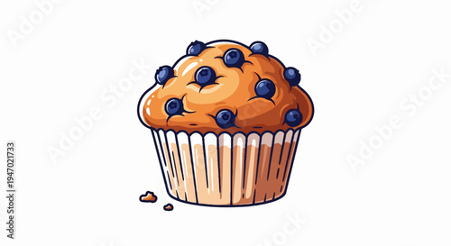 A delicious-looking cartoon blueberry muffin, baked golden brown with plump berries