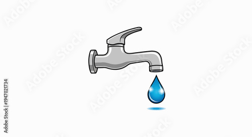 A silver-colored tap is depicted, with a single, glistening blue water drop falling from its spout, against a white background