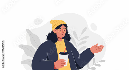 A stylized woman with dark hair, glasses, and a yellow beanie holds a cup and gestures outwards