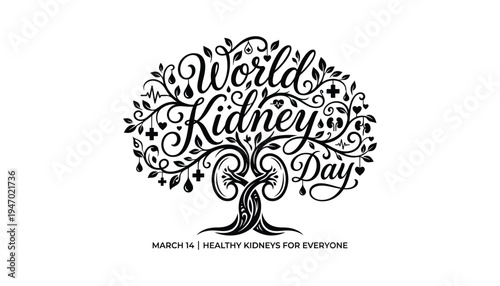 World Kidney Day awareness illustration with tree and healthy kidneys theme for March 14
