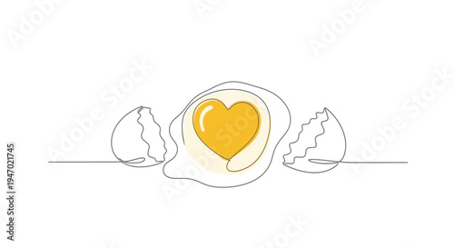 Heart Shaped Fried Egg in Shell, One Line Drawing, Breakfast Love Concept