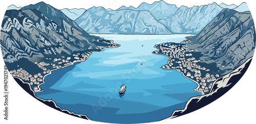 A picturesque bay with a sailing ship and a coastal town nestled between steep mountains