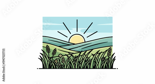 A sunny sunrise over rolling green hills and a field of wheat and wildflowers