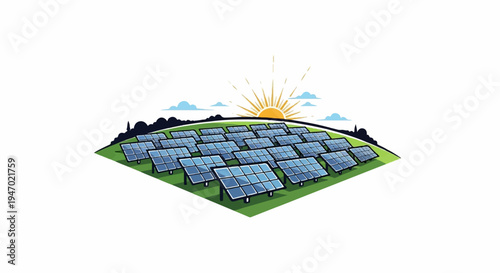 A sun rises over a field of solar panels on a green hill, with clouds in the sky