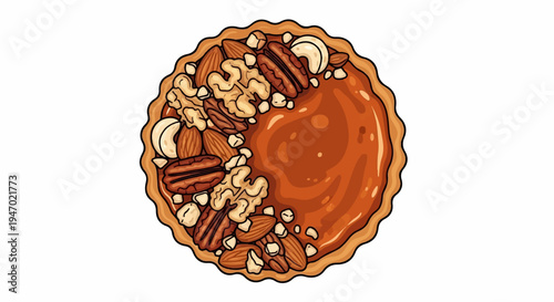A delicious round tart topped with assorted nuts and a glossy caramel filling