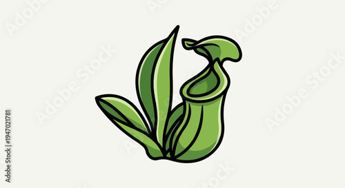 A cartoon-style pitcher plant with green leaves and a pitcher