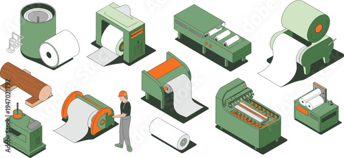 Paper manufacturing machines, paper mill production equipment, industrial paper processing system, factory machinery, paper roll technology, printing industry illustration