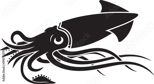 Stylized black squid swimming with tentacles spread.