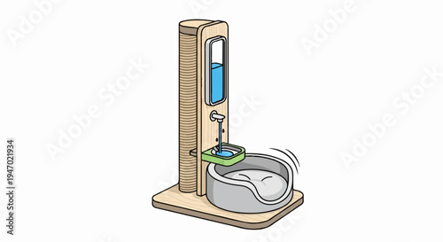 A cat's drinking fountain and scratching post setup with a bed