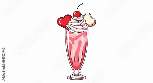 A pink milkshake topped with whipped cream, cherry, and heart cookies