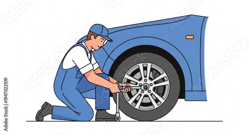 Mechanic changing car tire.