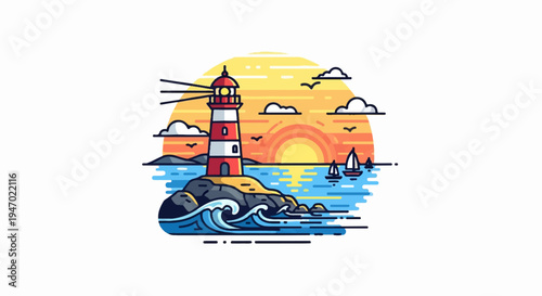 A charming lighthouse stands on a rocky shore under a vibrant sunset, with sailboats on the sea