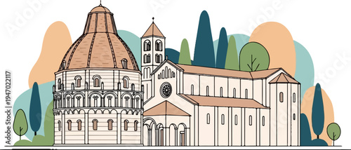 A charming illustration depicts a historical religious complex with a large domed baptistery and attached church