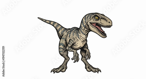 A detailed illustration of a velociraptor dinosaur with sharp teeth and claws, showcasing its striped skin