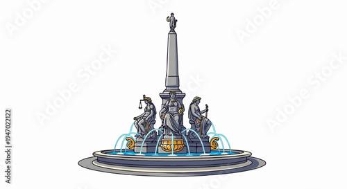 A pixel art fountain with three statues and an obelisk